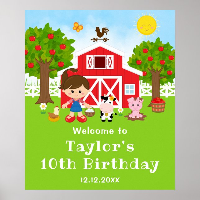Välkommen till Farm Red Barn Brunt Hår Flickas Föd Poster (Framsidan)