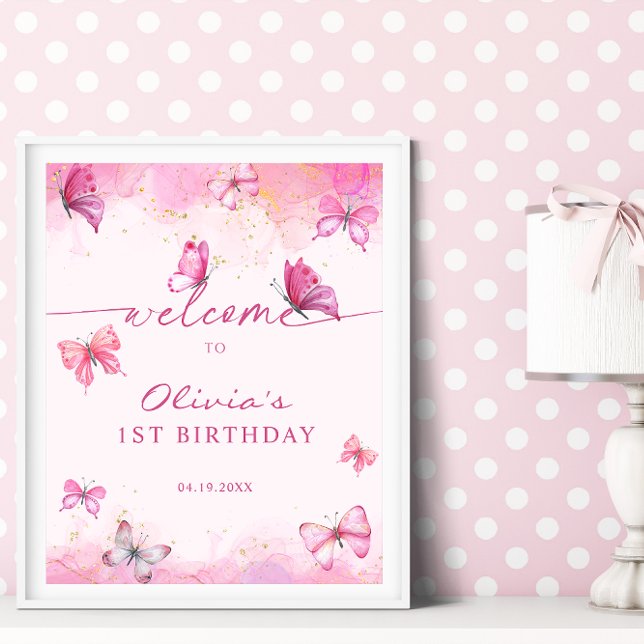 Välkommen till fjäril Birthday Rosa & Guld Dust Poster (Skapare uppladdad)