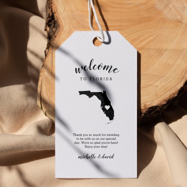 Välkommen till Florida | Kalligrafi Bröllop Presentetikett (Florida Destination Wedding or Florida state related event welcome tag with state silhouette )