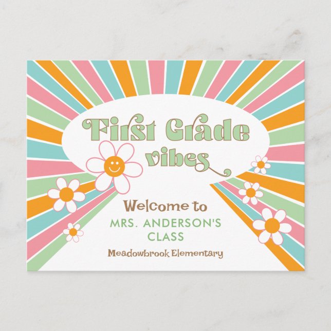Välkommen till första Klass 70-talets Retro Teache Vykort (Framsida)