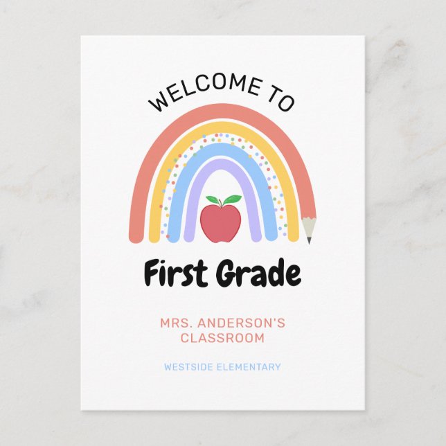 Välkommen till första Klass Pastel Färgad Rainbow Vykort (Framsida)
