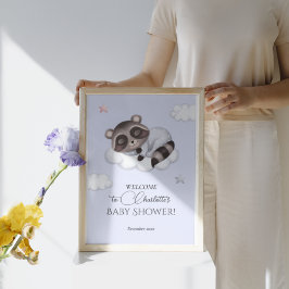 Välkommen till Gentle Boy Raccoon Blue Baby Shower Poster
