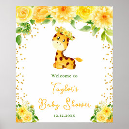 Välkommen till Giraffe Gult Blommigt Baby Shower Poster