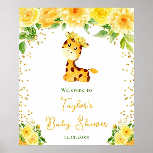 Välkommen till Giraffe Gult Blommigt Baby Shower Poster (Framsidan)