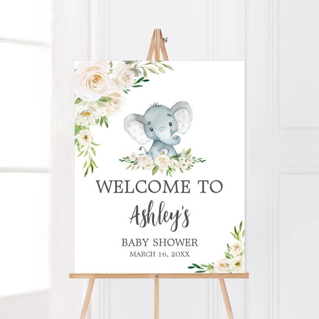 Välkommen till Greenery Blommigt White Elephant Ba Poster (A Little Peanut is on the Way Baby Shower Welcome Sign)