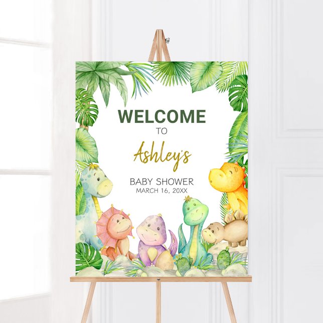 Välkommen till Greenery Boy Dinosaur Baby Shower Poster (Rawr! It's a Boy Dino Baby Shower Welcome Sign)