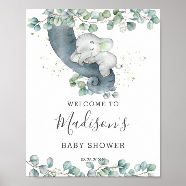 Välkommen till Greenery Elephant Neutralt Baby Sho Poster (Framsidan)