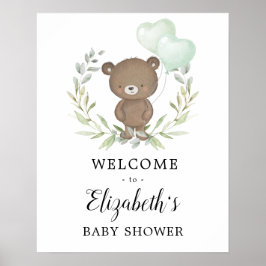 Välkommen till Greenery Nalle Neutralt Baby Shower Poster