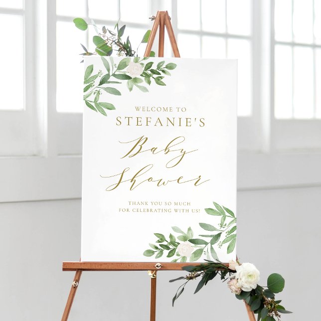 Välkommen till Greenery White Flowers Guld Baby Sh Poster (Skapare uppladdad)