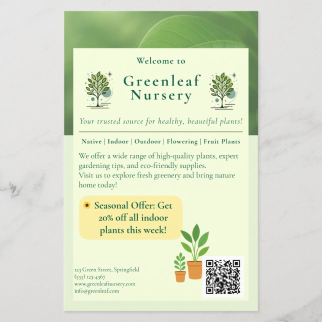 Välkommen till Greenleaf Nursery Branding  Flygblad (Framsidan)