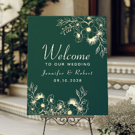 Välkommen till grön emalj och guld bröllopsfest poster