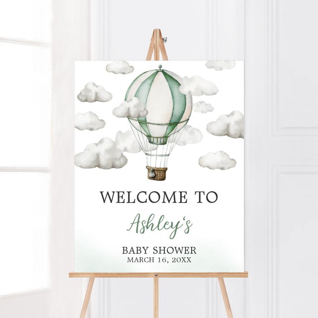 Välkommen till grönt Luftballong Baby Shower Poster (Gender Neutral Travel Baby Shower Welcome Sign)