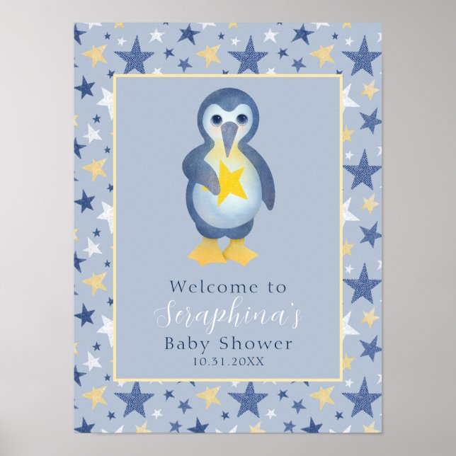 Välkommen till gult Winter Star Penguin Baby Showe Poster (Framsidan)