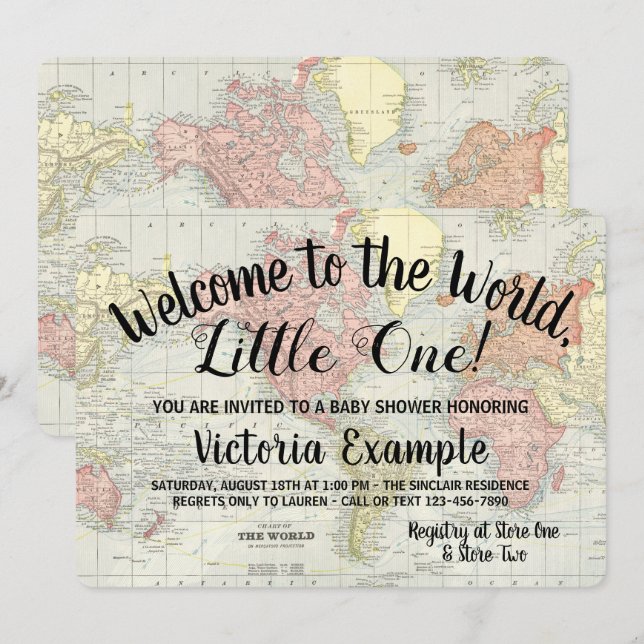 Välkommen till inbjudningar till World Map Baby Sh (Fram/baksida)