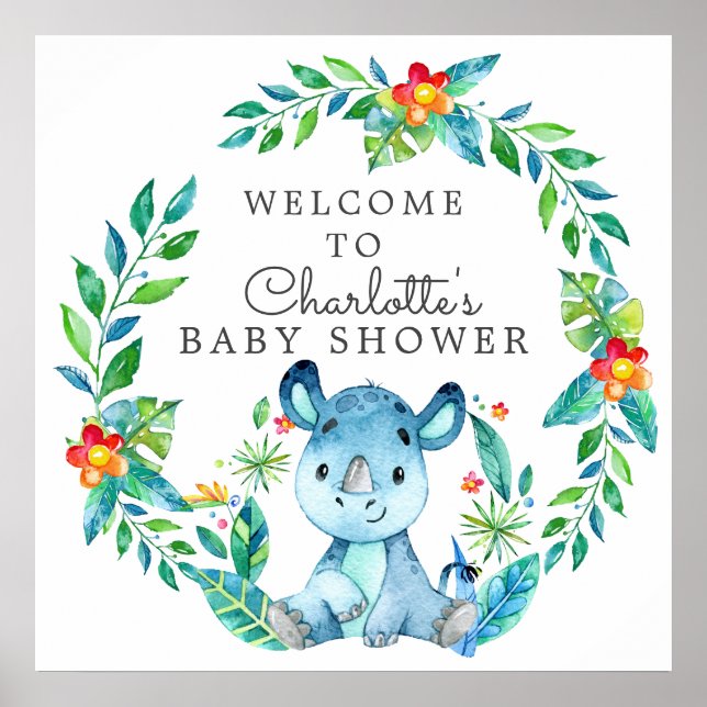 Välkommen till Jungle Rhino Baby Shower Poster (Framsidan)