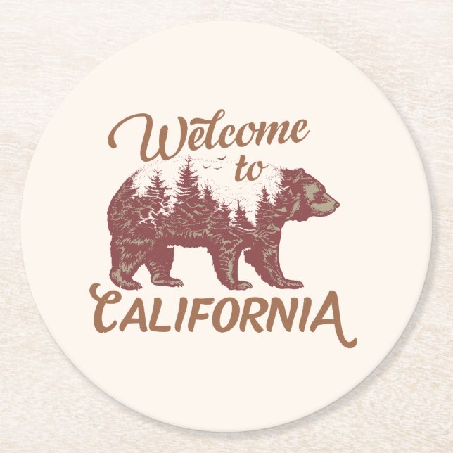 Välkommen till Kalifornien Bear Forest Underlägg Papper Rund (Framsidan)