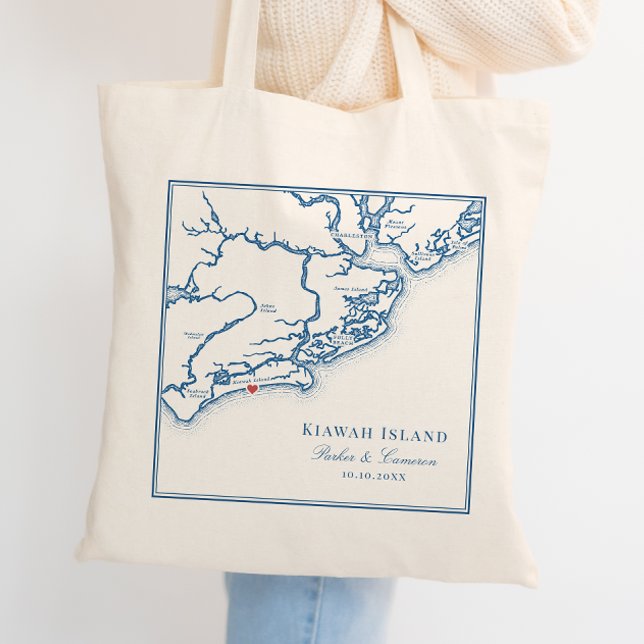 Välkommen till Kiawah Island SC Navy Blue Wedding  Tygkasse (Elegant Kiawah Island SC Wedding Tote bag navy blue. Welcome bag wedding favor Coastal Map Designs)