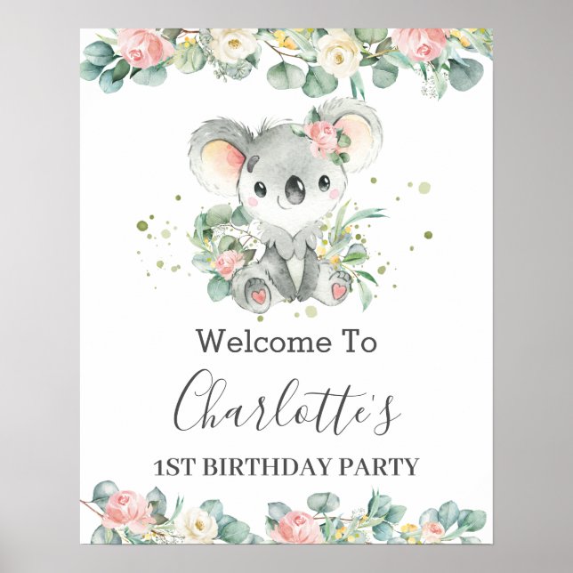 Välkommen till Koala Blommigt Greenery Baby Shower Poster (Framsidan)