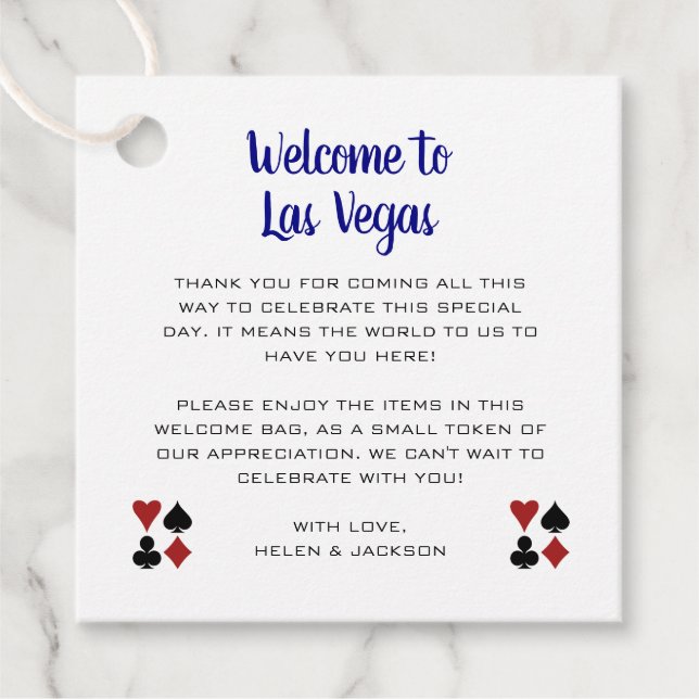 Välkommen till Las Vegas Välkommen Basket Bröllop Gåvor Etiketter (Framsida)