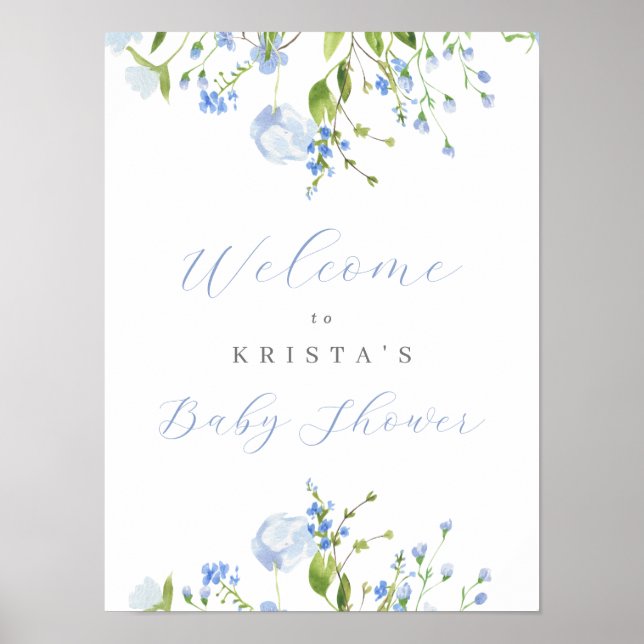 Välkommen till Light Blue Blommigt Baby Shower Poster (Framsidan)