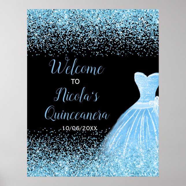 Välkommen till Light Blue Dress Faux Glitter Quinc Poster (Framsidan)