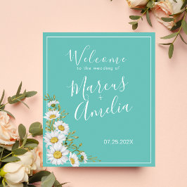 Välkommen till Light Teal & White Daisy Bröllop Poster