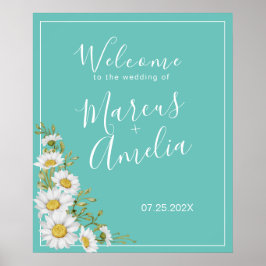 Välkommen till Light Teal & White Daisy Bröllop Poster