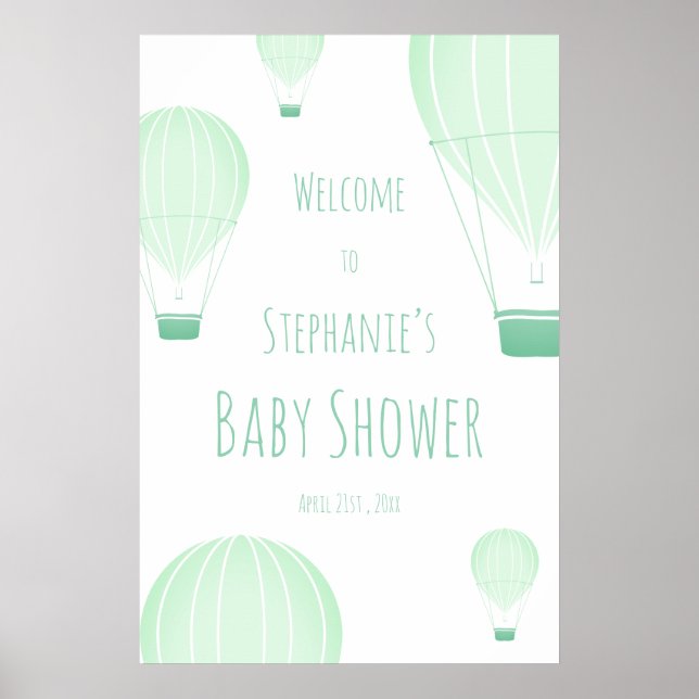 Välkommen till luftballong Grönt Baby Shower Poster (Framsidan)