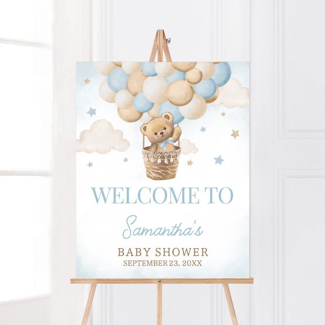 Välkommen till Luftballongen nalle Poster (Boho Blue Bear Baby Shower Welcome Sign)