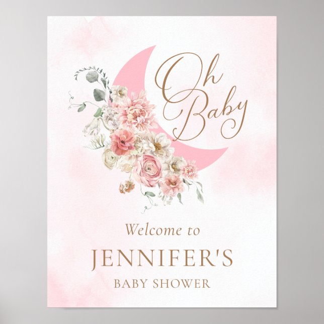 Välkommen till måne Rosa Girl Baby Shower Poster (Framsidan)