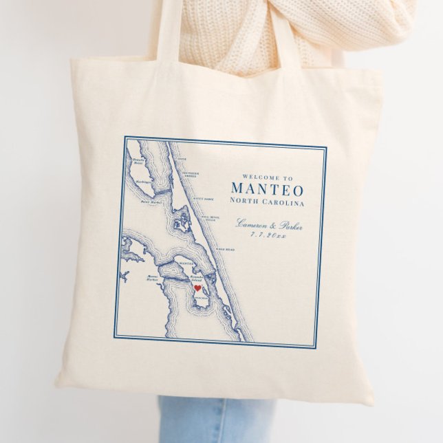 Välkommen till Manteo NC Roanoke Bröllop Välkommen Tygkasse (Manteo NC map Wedding Tote Bag or Wedding Favor Welcome Bag by Coastal Map Designs)
