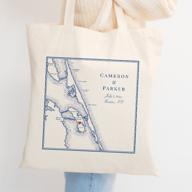 Välkommen till Manteo North Carolina Elegant Navy  Tygkasse (Custom Roanoke Island Wedding Tote Bag with Elegant Manteo North Carolina Map by Coastal Map Designs)