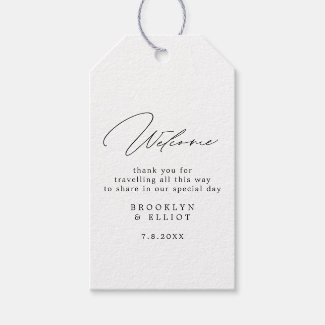 Välkommen till Minimalistisk skript Bröllop Hotel Presentetikett (Framsidan)