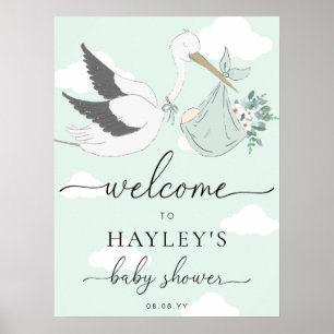 Välkommen till Mint Grönt Stork Baby Shower Poster