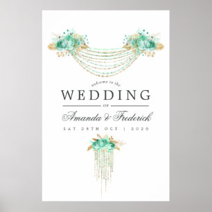 Välkommen till Mint och Guld String Ljus Blommigt  Poster