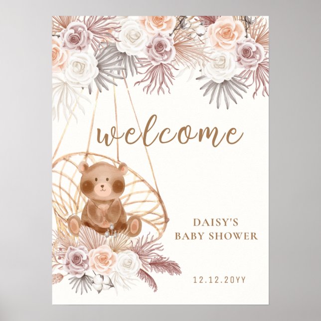 Välkommen till Modern Boho Nalle Pampas Baby Showe Poster (Framsidan)