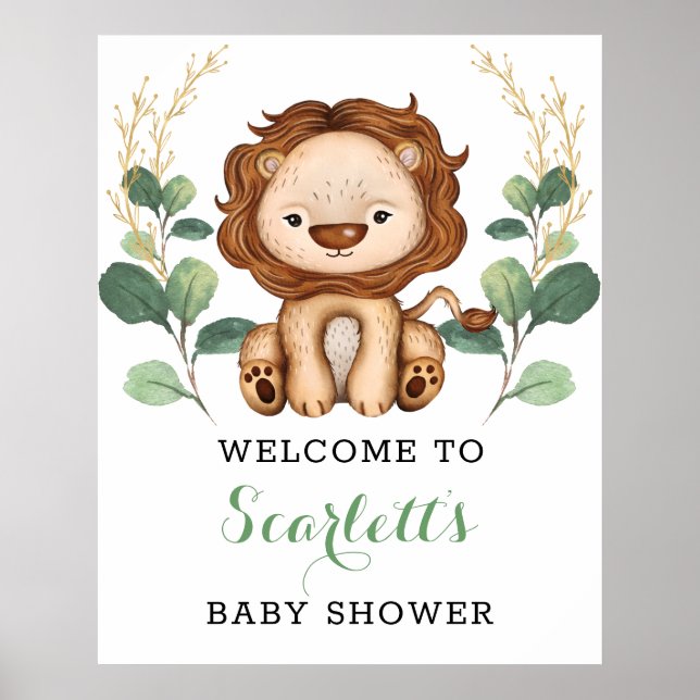 Välkommen till Modern Grey Guld Lejon Baby Shower Poster (Framsidan)