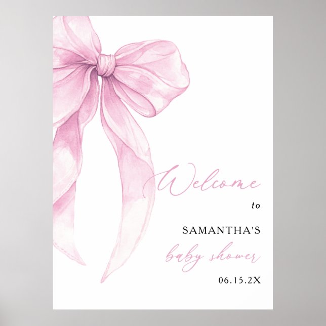 Välkommen till Modern Rosa Bow Baby Shower Poster (Framsidan)