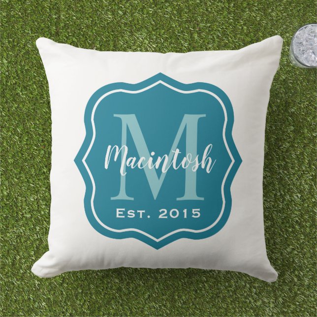Välkommen till Modern Teal Blue Family Monogram Br Kudde (Gräs)