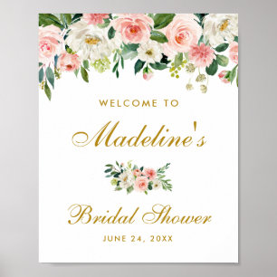 Välkommen till möhippa Rosa Blommigt Guld Välkomm Poster
