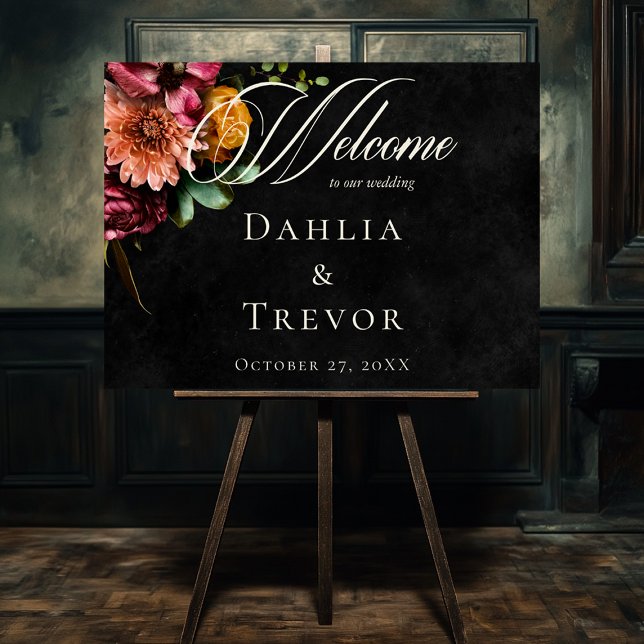 Välkommen till mörk Elegant HöstBlommigten Bröllop Poster (Dark Elegant Autumn Floral Wedding Welcome Poster)