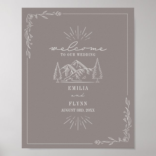Välkommen till Mountains Line Art Amethyst Bröllop Poster (Framsidan)