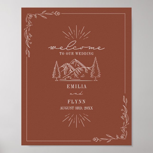Välkommen till Mountains Line Art Terracotta Bröll Poster (Framsidan)