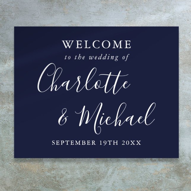Välkommen till Navy Blue Namnteckning Script Bröll Poster (Navy Blue Signature Script Wedding Welcome Poster)