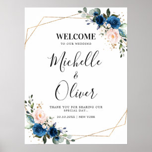 Välkommen till Navy Blue Rosa Blommigt Bröllop Vä Poster
