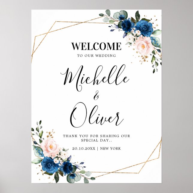 Välkommen till Navy Blue  Rosa Blommigt Bröllop Vä Poster (Framsidan)