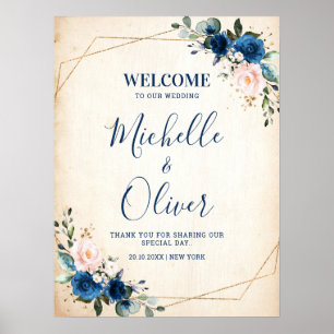Välkommen till Navy Blue Rosa Blommigt Bröllop Vä Poster