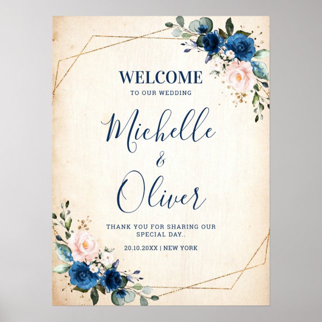 Välkommen till Navy Blue  Rosa Blommigt Bröllop Vä Poster (Framsidan)