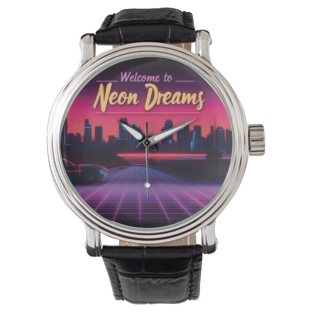 Välkommen till Neon Dreams - Retro Wave Cityscape Armbandsur (Framsida)
