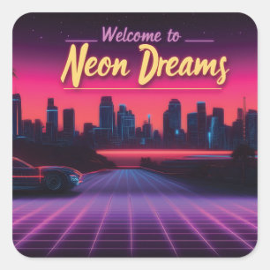 Välkommen till Neon Dreams - Retro Wave Cityscape Fyrkantigt Klistermärke
